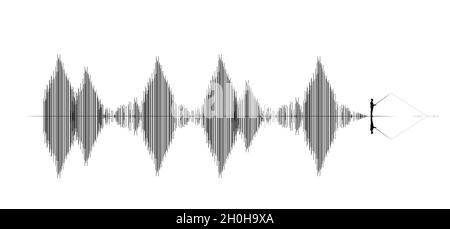 Schallwellen erinnern mich immer an Bäume auf einer Insel an einem ruhigen See. Hier ist ein Fischer am Ende einer Tonwiedergabe zu sehen. Stockfoto