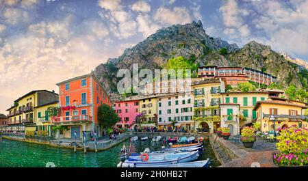 Idyllisches Fischerdorf und Hafen mit bunten Häusern und Booten, Limone Sul Garda, Brescia, Gardasee West, Lombardei, Italien Stockfoto