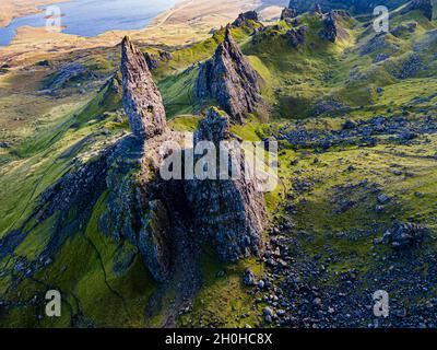 Luftaufnahme der Storr-Spitze, Isle of Skye, Schottland, Großbritannien Stockfoto