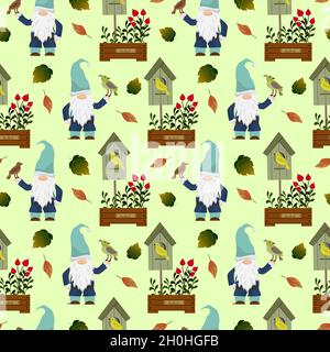 Kleines Gnom-Muster, eine Schachtel mit Blumen und ein Vogelhaus mit Vögeln. Vektorgrafik. Stock Vektor