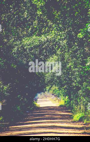 Eine rote Schotterstraße ist am 9. Oktober 2021 in Irvington, Alabama, abgebildet. Irvington ist eine nicht eingegliederte Gemeinde am Highway 90 in Alabama. Stockfoto