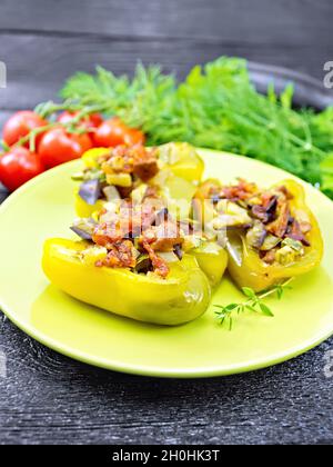 Paprika gefüllt mit Pilzen, Tomaten, Zucchini, Auberginen und Zwiebeln, gewürzt mit Wein, Knoblauch, Thymian und Gewürze auf einem grünen Teller, Gabel, Par Stockfoto