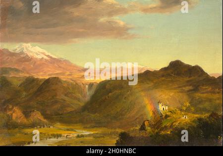 Südamerikanische Landschaft Öl auf Leinwand 1854 des amerikanischen Künstlers Frederic Edwin Church. Der Vulkan Chimborazo in Ecuador erhebt sich links von einem Bereich, der einen anderen hohen Berg, möglicherweise Cotopaxi, umfasst. Stockfoto