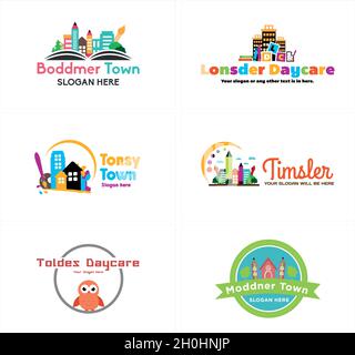 Farbenfroh verspieltes Gebäude Kinder Logo Design Stock Vektor