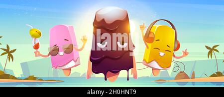 Eiscreme-Figuren am Sommerstrand. Lustige eskimo-Mohnkuchen mit Kawaii-Gesicht drücken Emotionen aus, hören Musik, schmelzen auf Hitze, tragen Sonnenbrillen und trinken Cocktail-Cartoon-Vektor-Illustration Stock Vektor