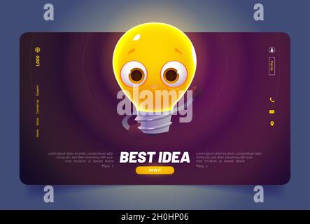 Beste Idee Banner mit niedlichen Glühbirne Charakter. Konzept kreativer Lösungen und Innovation. Vektor Landing Page mit Cartoon-Illustration von lustigen glühenden Lampe Stock Vektor