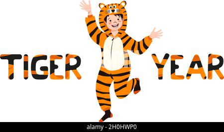 Junge im Tiger Faschingskostüm und Beschriftung Neujahr aus gestreiftem Orange mit schwarzen Buchstaben. Kinder Pyjama-Party oder Urlaub. Kind in Jumpsuits oder Kigurumi, festliche Kleidung für Weihnachten Stock Vektor