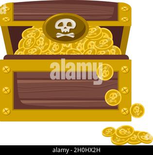 Piratenschatzkiste mit Goldmünzen. Symbol für Kinder Design und Spiele Stock Vektor