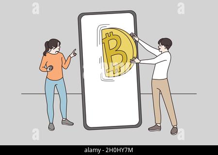 Mann und Frau übertragen Bitcoin mithilfe der Anwendung auf dem Smartphone. Leute arbeiten mit Kryptowährung auf dem Aktienmarkt auf dem Handy. Krypto, virtuelles Geld. Flache Vektorgrafik. Stock Vektor