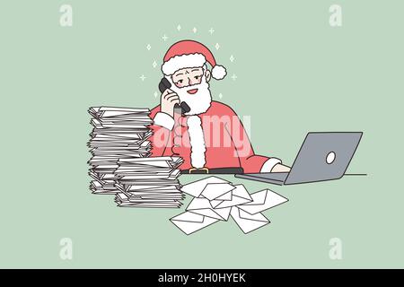 Der moderne Weihnachtsmann an der Rezeption spricht am Telefon und beantwortet Papierbriefe, die am Computer arbeiten. Alter Vater Weihnachten Sprechen Sie mit Kindern online, mit Laptop und Telefon. Neujahr. Flache Vektorgrafik. Stock Vektor