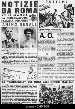 „die Zeitung „Notizie da Roma“ wurde in allen öffentlichen Gebäuden veröffentlicht. Es wurde von der Partito Nazionale Fascista (lokale Gruppe in Rom) veröffentlicht und vom Regime als propagandistischer "Informationsdienst" gedacht, um alle wichtigen Nachrichten aus der täglichen Presse zusammenzufassen. In dieser Ausgabe, die Anfang Dezember veröffentlicht wurde, sind oben links über einem Brief der Königin zwei Porträts von Viktor Emmanuel III., König von Italien, und Königin Elena (geb. von Montenegro) zu sehen. [Automatisierte Übersetzung]' Stockfoto