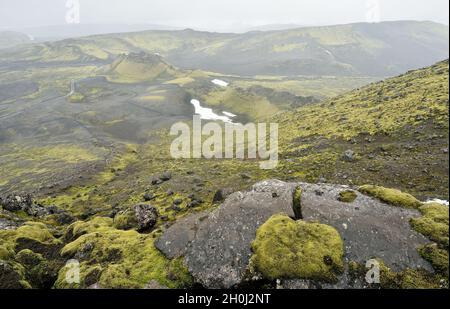 Laki-Krater in Island. Lava-Gelände in Island. Felsiges Gelände in Island. Stockfoto