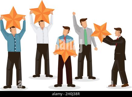 Geschäftsleute, die Stars haben. Konzept der Geschäftszufriedenheit, Bewertung von Kundenbewertungen oder Feedback. Flache Cartoon Charakter Vektor Illustration i Stock Vektor