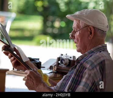 Älterer Mann, der im Garten sitzt und alte Fotos ansieht. Nostalgie- und Erinnerungskonzept Stockfoto