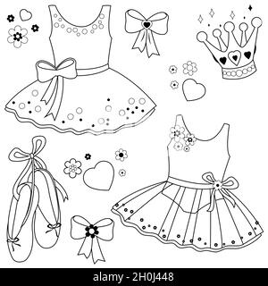 Sammlung von niedlichen Ballerina Tänzerin Mädchen Outfits, Ballettschuhe, Bänder, Krone und Blumen. Schwarz-Weiß-Malseite Stockfoto