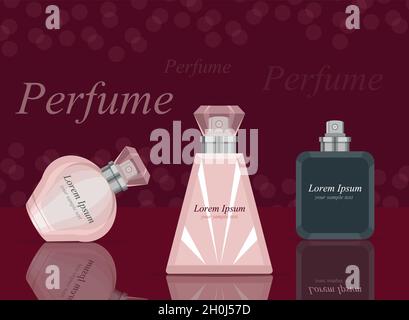 Parfüm, kosmetisches Logo, Mode und Schönheit, verschiedene Glas-Kosmetikflasche, Set von Parfüm für Frauen, schöner köstlicher Geruch, Parfümerieprodukte, fl Stock Vektor
