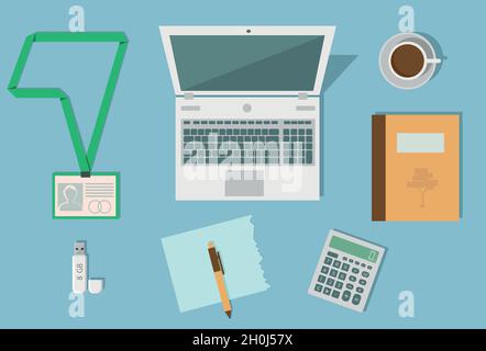 Business-Arbeitsplatz, Set mit Desktop-Zubehör, Büroarbeitsplatz, verschiedene Büroausstattung, Arbeitsplatz, Symbole für Arbeitsprozesse, Flache Ausführung, vecto Stock Vektor