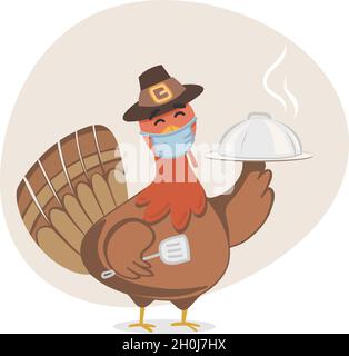 Thanksgiving Pute trägt Gesichtsmaske beim Kochen. Niedliche Putenfigur für Kinderbuch. Fall Hintergrund mit Blättern fallen und Erde Ton col Stock Vektor