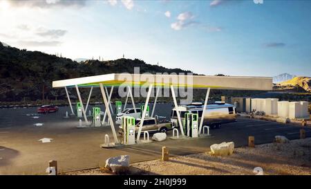 Nahaufnahme einer elektrischen Ladestation mit Elektroautos, die mitten im Berg die Batterien aufladen Stockfoto