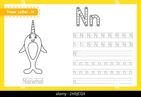 Trace Letter N in Groß- und Kleinbuchstaben. Alphabet Tracing Praxis Vorschule Arbeitsblatt für Kinder Englisch lernen mit niedlichen Cartoon Tier. Coloring boo Stock Vektor