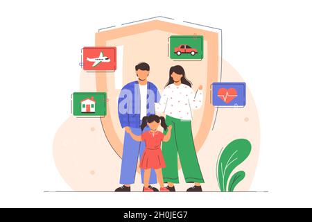Heim-, Auto-, Reise- und Krankenversicherung. Flache Familie mit Schutzschild. Glückliche Eltern mit Kindern. Schutz des Eigentums und der Lebensdauer von Charakteren. Konzept des Versicherungsunfalls und Sicherungsplans. Stock Vektor