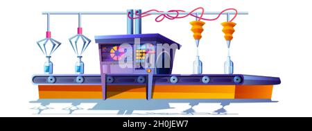 Cartoon-Förderband mit Milchprodukten. Prozess des automatischen Eingießens von Milch in Glasflaschen. Umzug Transporter Produktionslinie auf moderne Fabrik. Roboterausrüstung in der Getränkefabrik. Stock Vektor