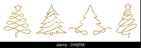 Christmas trees one line drawing style with gold sparkle effect. Stock Vektor