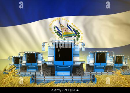 Industrielle 3D-Illustration von vielen blauen Landwirtschaft Mähdrescher auf Farm Feld mit El Salvador Flagge Hintergrund - Vorderansicht, aufhören zu verhungern Konz Stockfoto