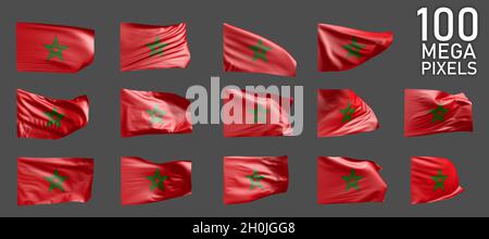 Marokko Flagge isoliert - verschiedene Bilder der wehenden Flagge auf grauem Hintergrund - Objekt 3D Illustration Stockfoto