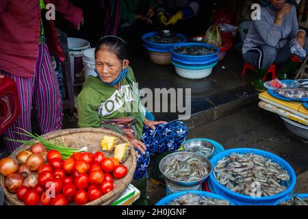 Eine Dame sitzt vor ihrem Stand und verkauft Garnelen und Gemüse auf dem Hoi an Markt. Stockfoto