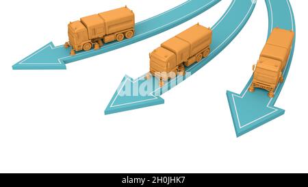 Orangefarbene Kehrmaschinen bewegen sich in verschiedene Richtungen Pfeile. 3d-Rendering Stockfoto