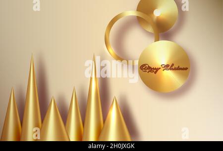 Banner zu Weihnachten und Neujahr. Konische Abstrakte Goldene Weihnachtsbäume. Luxus helle Winter Urlaub Komposition. Grußkarte, Banner, Postervorlage Stock Vektor