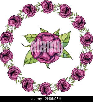 Isolierter runder Kranz aus Blumen und Kräutern Stock Vektor