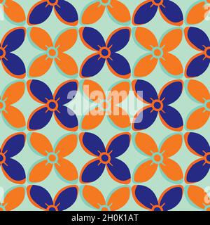 Einfache mittelalterliche Stil stilisierte Blumen Vektor-Muster Hintergrund. Handgezeichnete, neon-indigo-orangene Blumenmotive auf hellem Hintergrund. Geometrische Geschichte Stock Vektor