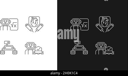 Lineare Symbole für die Robotertechnologie sind für den Dunkel- und Lichtmodus eingestellt Stock Vektor