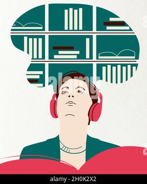 Illustration eines jungen Menschen in Kopfhörern Hört sich ein E-Book oder einen Podcast aus Sachbüchern in der Bücherbibliothek mit Telefon-App an Stockfoto