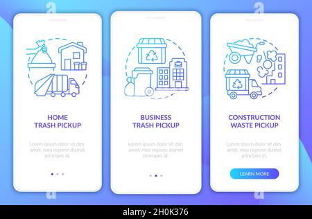 Abfallsammlung und -Abholung blauer Gradient Onboarding-Bildschirm der mobilen App Stock Vektor