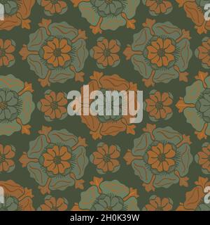 Mittelalterliche Rose Vektor Muster nahtlose Hintergrund. Hintergrund im Kachelstil von Azulejo mit handgezeichneten Blumenmotiven. Erde Salbei grün und ocker. Geometrisch Stock Vektor