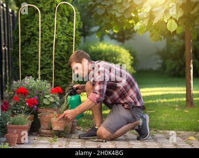 Mann mit Druckflasche und Bewässerung von Pflanzen in Blumentöpfen im Garten Stockfoto