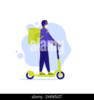 Kurier auf einem Kick Scooter, Lieferung Mann Vektor Stock Vektor