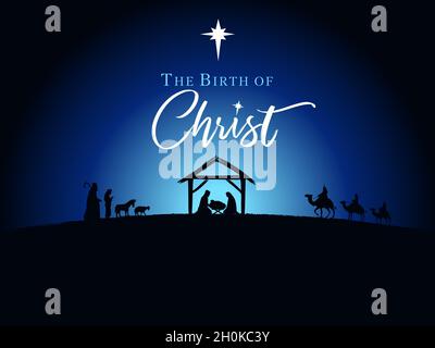 Die Geburt Christi mit Hirten und weisen Menschen. Krippe, Silhouette Jesus in Krippe auf Nachthimmel Hintergrund. Weihnachtsgeschichte Mary Joseph und b Stock Vektor