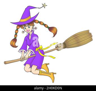 Eine niedliche Hexe in lila Kleidern, die auf einem Besen fliegt Stockfoto