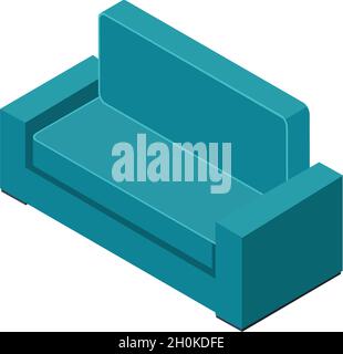 Isometrisches Sofa, Design Spiel Interieur 3d-Symbol. Grünes Sofa isometrisches Design, Möbel Innenraum Vektor Illustration für Wohnzimmer und Büro Stock Vektor