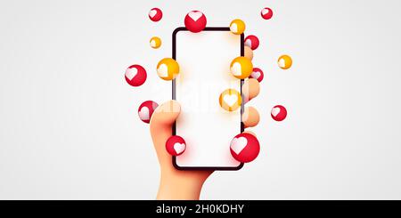 Niedliche 3D-Cartoon-Hand hält Handy mit Likes Benachrichtigungssymbole auf weißem Hintergrund. Social Media und Marketing Konzept. Vektorgrafik Stock Vektor