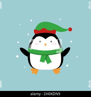 Niedliche Cartoon Baby Pinguin in Elf Hut Stock Vektor