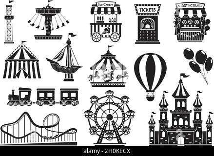 Vergnügungspark Silhouette Elemente, Karneval Messegelände Attraktionen. Karussell für Kinder, Achterbahn, Zirkuszelt, Funfair-Fahrten mit Symbolvektor. Riesenrad für Spaß und Unterhaltung Stock Vektor