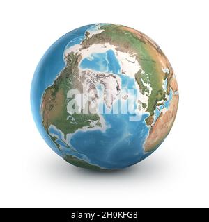 Planet Erdkugel, isoliert auf Weiß. Geographie der Welt aus dem All, fokussiert auf Nordpol und Grönland. Von der NASA eingerichtete Elemente Stockfoto