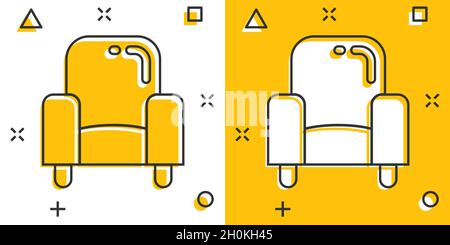 Kino Stuhl Ikone im Comic-Stil. Sessel Cartoon Vektor Illustration auf weißem Hintergrund isoliert. Geschäftskonzept mit Theatersitz und Splash-Effekt. Stock Vektor
