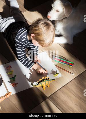 Vorschuljunge zu Hause liegt auf dem Boden und spielt mit Schatten aus Figuren von Spielzeug-Dinosaurier. Ideen für die Kreativität der Kinder, skizziert Schatten entlang Stockfoto