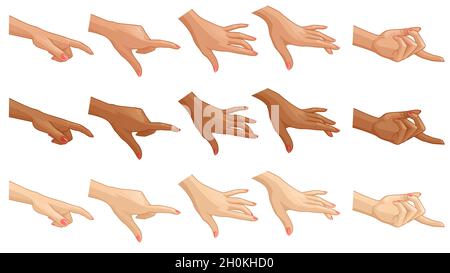 Cartoon Handgesten Set für Design in verschiedenen Hautfarben. Vektorgrafik Stock Vektor
